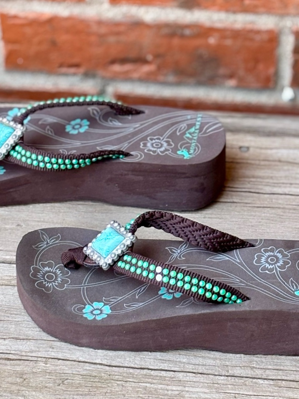 Montana West Black Turquoise Rhinestone Wedge Thong Flip Flops Sandals Sz 7 - Picture 2 of 7
